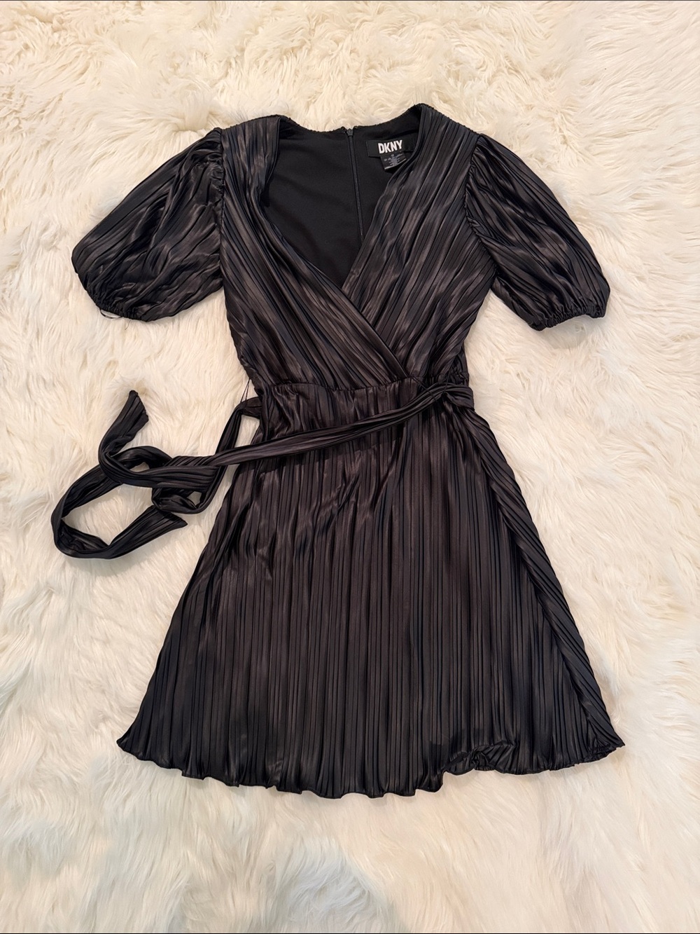 DKNY Black Pleated Wrap Dress with Puff Sleeves